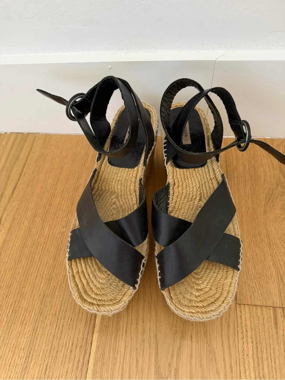 Uterque Black Leather Cross-Strap Espadrille Wedges with Ankle Wrap